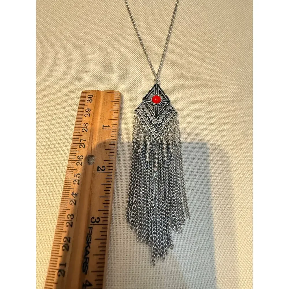 Vintage Western Silver Tone Red Cabochon Tassel Necklace 36” + 2”